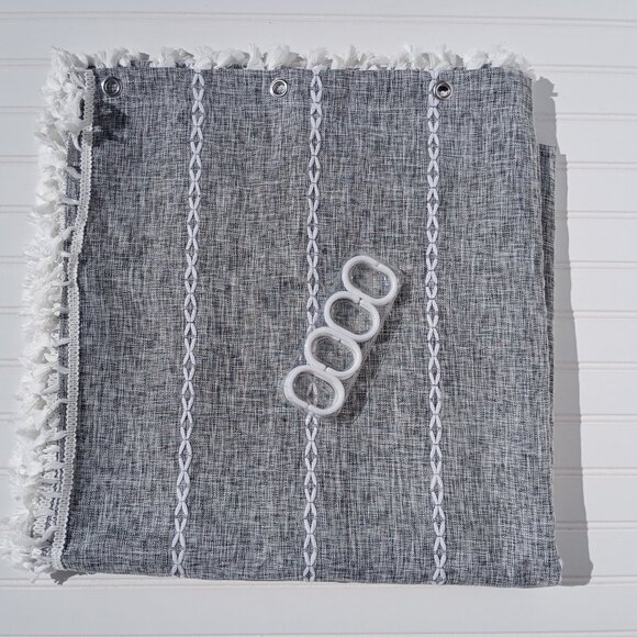 Dark Gray Linen Boho Shower Curtain with White Tassels Embroidered 72.5 x 73 NEW - Picture 13 of 15